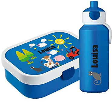 4youDesign SET: blaue Brotdose mit Fächern & Trinkflasche -Bauernhof- personalisiert mit Namen I Campus mit Bento-Box & Gabel Jungen & Mädchen (Cool Blue)