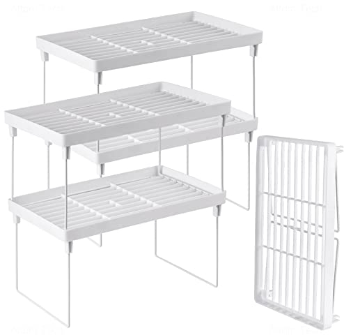 NiHome Paquete de 4 estantes apilables de plástico para almacenamiento de cocina, organizador de gabinete de cocina y estantes de almacenamiento, estantes de almacenamiento apilables y expandibles