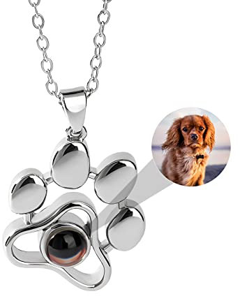 Drawelry Personalisierte Haustier Foto Projektion Halskette mit Hund Katze Bild Gravur Pfote Anhänger Kette Individuelles Memorial Halskette Schmuck Geschenke für Frauen Ehefrau Mutter Freundin (SI)