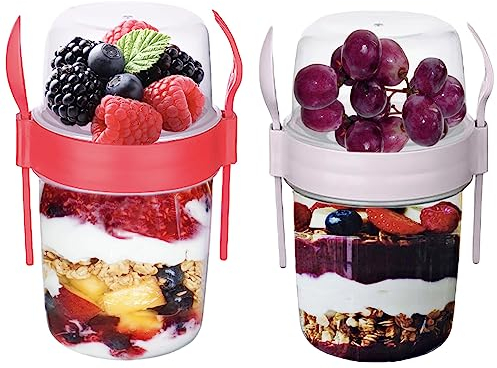 VL 4PCs Yogurt Pots Reusable Overnight Oats Container with Spoon & Fork BPA free Breakfast Pots to GO Muesli Cereal On the Go Dishwasher Safe Lunch Box Oatmeal Jars (Set of 2 (Red, Pink), 1100ml)