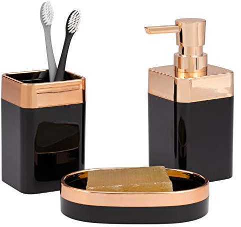 bremermann Badezimmer-Set 3-TLG. Savona, Kunststoff, schwarz-Rosegold, Seifenschale, Seifenspender, Becher