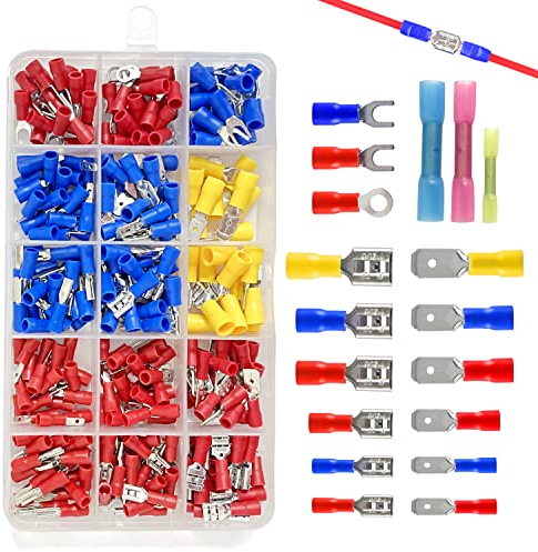 280 piece rubber insulated terminals, with 3 heat shrinkable cable connectors, electrical connectors, spade and fork connectors, insulated crimping terminals