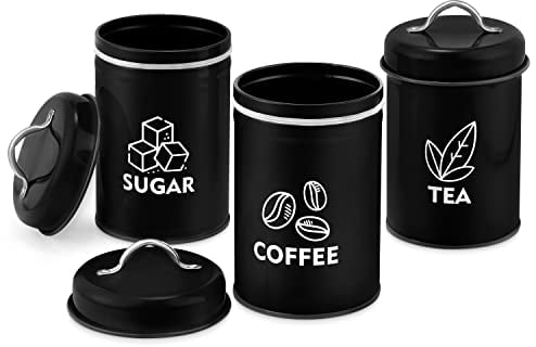 Herogo Tea Coffee Sugar Canisters Set of 3, Black Storage Canisters Jars With Lids, Vintage Retro Style Kitchen Containers Set for Dry Food, Flour, Seeds, Nuts, Healthy & Easy Clean