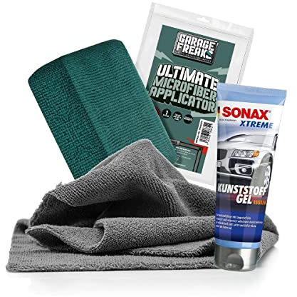 Kunststoffpflege Bundle - SONAX XTREME KunststoffGel Außen 0,25L + Garage Freaks Mikrofaser Applikator + detailmate Mikrofasertuch 380GSM - Zur Pflege von Kunststoffteilen im Außenbereich