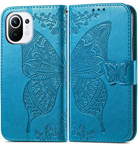 Roar Handyhülle für Xiaomi Mi 11 Handy Flip Case Türkis | PU Leder Klapphülle im Schmetterling Blumen Design: 3 Kartenfächer, Geldfach, stoßfeste Handytasche, Magnetverschluss