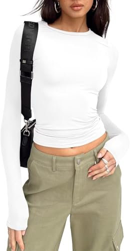 LACOZY Womens Sexy Dupes Long Sleeve Shirt Going Out Y2k Tops Baby Tee Casual Crop Tops Basic Cropped Tshirt White M