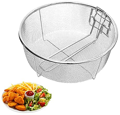 Fried Basket, Round Fryer Basket, Stainless Steel Strainer Basket, Round Wire Fry Basket Colander for Frying, Draining & Rinsing, Kitchen & Restaurant, Holiday, for Chips, Fries, Shrimps