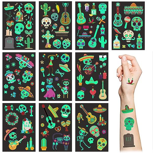 Jour des morts Tatouages temporaires pour enfants, 10 feuilles de tatouages temporaires Fiesta mexicains phosphorescents dans le noir, tête de mort, squelette, cactus, pour filles, garçons, Halloween