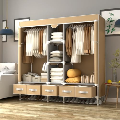 Anmas Power Light Coffee Canvas Wardrobe with 5 Drawers, 185x45x175cm | with Hanging Rail, Storage Shelves, Bedroom Cupboard Clothes Storage Solution