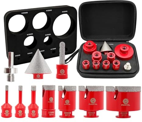 Punte per Trapano Diamantate - FOCSTOL 10 pezzi (6/6/8/25/35/50/68mm+10mm Fresa+50mm Punte per Smusso+Adattatore) Sega a Tazza Diamantata per Porcellanato Ceramica Piastrelle Marmo Granito