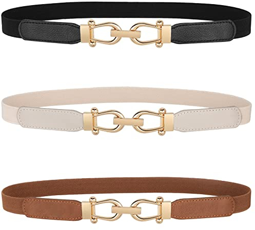 WERFORU 3 Stück Frauen Dünner elastischer Gürtel für Kleider,Dünne Retro Stretch Taille Gürtel mit goldener Schnalle