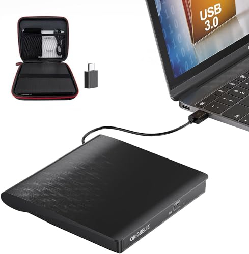 ORIGBELIE External CD/DVD Drive for Laptop, USB 3.0 CD Burner Portable DVD Player for Laptop Desktop PC Apple Mac Windows 11/10/8/7/XP Linux OS with Carrying Case