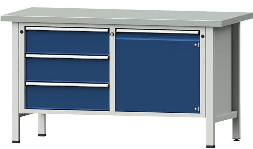 ANKE | Werkbank | Gestellbauweise Serie V | 3 Schubladen | Tür 540 mm | Stahlblechbelag | Teilauszug