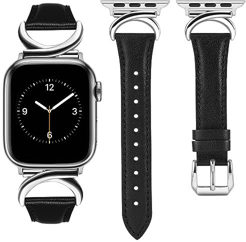 TOYOUTHS Leather Strap Compatible with Apple Watch Straps 41mm 40mm 42mm 38mm Women Slim Thin Dressy Designer Strap with C-Shaped Metal Buckle for iWatch Series 10/9/8/7/6/5/4/3/2/1/SE, Black/Silver