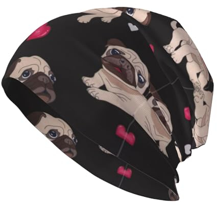 CHANGLEI Niedliche Mops-Beanie-Mütze für Damen und Herren, bedruckt, bequem, atmungsaktiv, weich, warm, gestrickt, Baumwolle, Schwarz, Schwarz , One size