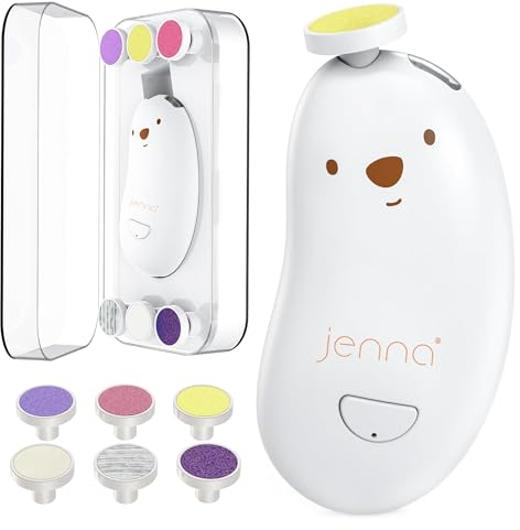 Jenna® | New Lime a ongle electrique bebe 6 embouts adaptables | Coupe ongle bebe sans douleur accessoire bebe naissance | Faible bruit lumière intégré | trousse de soin bebe naissance (Blanc)