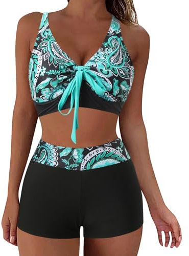 Bikini Sets with Shorts Women Two Pieces Swimsuit High Waist Push Up Padded Swimming Costume V-Neck Swimwear Boyshorts Tummy Control Beach Wear Ladies Hawaii Tankini Sets