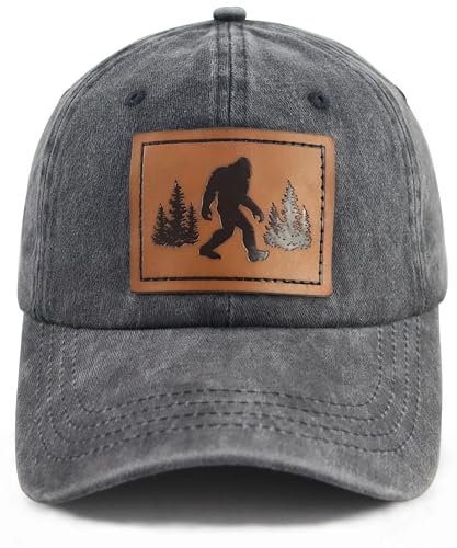 Unisex UFO Bigfoot Denim-Hut, verstellbar, gewaschene gefärbte Baumwolle, Dad-Baseballkappe, Leder-Patch schwarz, Einheitsgr��e