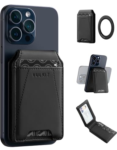 VULKIT Portefeuille Magnétique Compatible avec MagSafe, Portefeuille de Téléphone avec Support Réglable pour iPhone Série 15/14/13/12, avec Anneau Magnétique Extra Adhésif