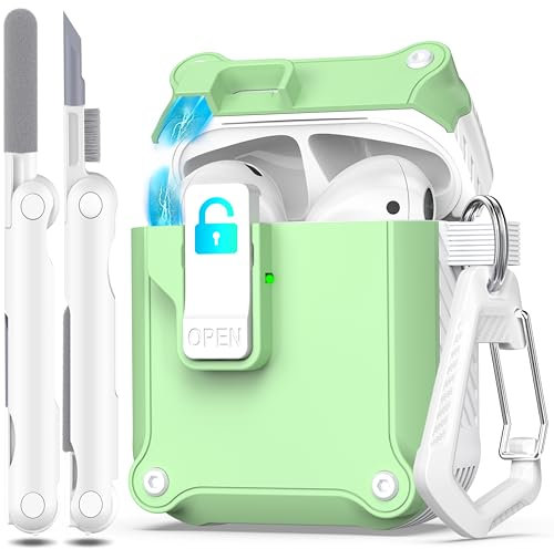 R-fun Kompatibel mit AirPods 2 Generation Hülle 2019, 1 Gen 2016 Case Cover, automatisches Pop-Up-Deckel-Design für Apple Airpods Hülle mit Reinigungsset & Schlüsselanhänger,Weiß/Avocado
