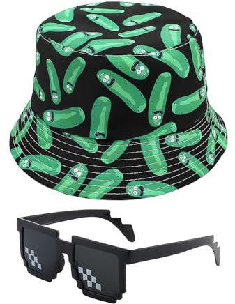 ZGDEIWGF 1 Stück Doppelseitiger Fischerhut, 1 Stück Sonnenbrille, Sommersonnenhut, Fischerhut, Outdoor-Reisehut, Unisex-Kreativ-Eimerhut