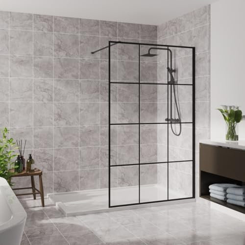 Blümme 1400mm Wetroom Screen Walk in Shower Enclosure Bathroom Screen Panel 8mm Easy Clean Glass Black Grid Framed