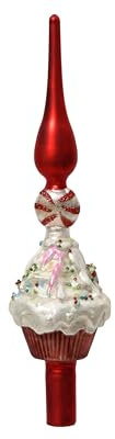 Kaemingk Christbaumspitze Glas Cupcake 29cm hoch - mundgeblasene Baumspitze Weihnachtsbaumspitze - Christbaumschmuck & Weihnachtsbaumschmuck - Rot Weiß