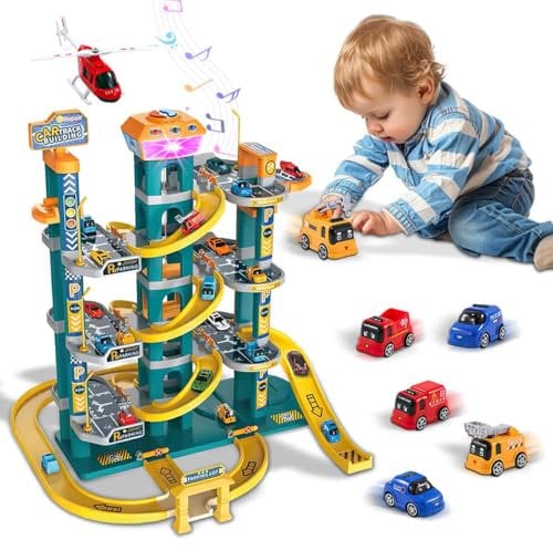 Xwin Sportseries Spiral Parking Garage Toy Set for Kids, 4-Storey Parking Lot Playset Preschool Car Games Toys for Kids Vehicle Playsets Race Car Ramp Track Toy for 3+ Year Old