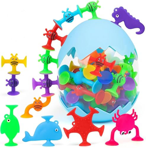 XUNIVERS 48 Stück Saugnapf Spielzeug,Saugnapf Spielzeug Badewannenspielzeug,Montessori Spielzeug ab 3 Jahre,Silikonbausteine Saugspielzeug,Silikon Badewannenspielzeug für 3 - 8 Jahre Jungen Mädchen