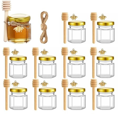 10pcs 45ml Mini Tarros de Miel Hexagonales con Cucharones de Madera, Minitarros de Miel con Tapa Dorada,Mini Hexagonales Tarros De Miel De Cristal,Ideal para Detalles de Bautizo y Baby Shower