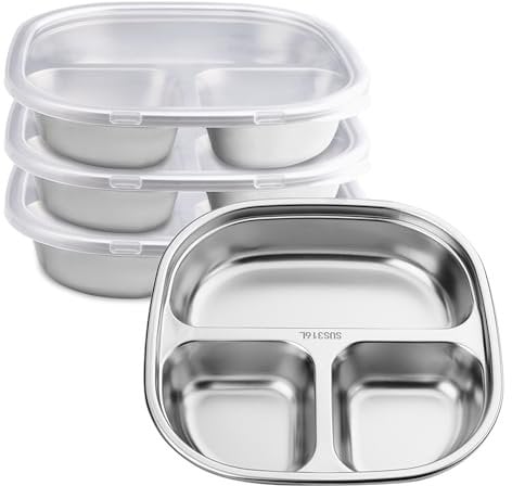 Thatyro 4 PCS 316 Stainless Steel 3 Compartments Plates with Lids, Metal Divided Plates Tray, Sectioned Plates Dishes Dinnerware Set for Food Portion Control Lunch Dinner Adult Home School (4)