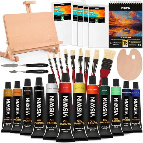 VISWIN Basic Oil Paint Set with Beech Wood Tabletop Easel, Complete Oil Painting Kit with Paint Brushes, Canvas, Palette Knife, Paper Pad, Painting Set for Adults, Kids, Beginners & Artists