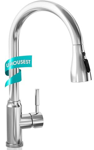 UHOUSEST Single Handle Kitchen Tap with Pull-Out Spray, Stainless Steel Sink Tap, Polished Chrome Finish (Silver) - Includes Mounting Accessories, Compatible with UK Standard Fittings