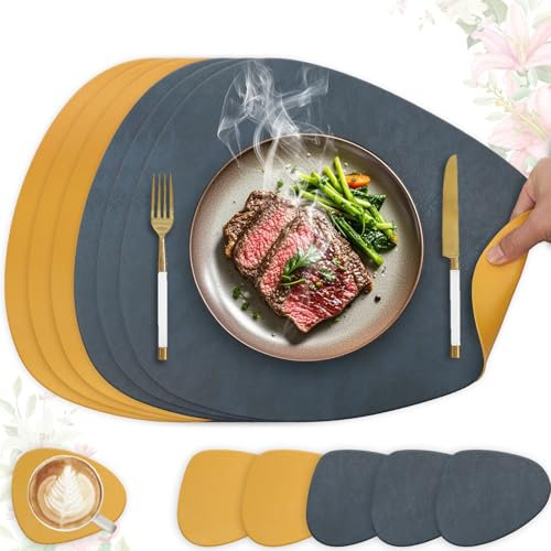 HELI MIAO 6er Set Tischset aus Leder-Imitat,Platzsets abwaschbar und wasserdicht,Platzdeckchen Lederoptik mit Untersetzer,Tischuntersetzer Doppelseitigen rutschfest(Oval,Blau+Gelb)