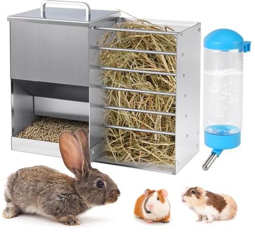 Automatic Rabbit Feeders for Cage 2 in 1 Hay Feeder with Water Bottle 5L Bunny Feeder Stainless Steel Rabbit Food Dispenser for Guinea Pig Chinchilla Bunny Other Small Animals