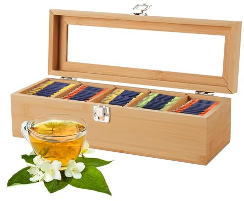 TOWEBOORY Scatola da Tè, Cassetta Porta Tisane in Legno Organizzatore per Bustine Tè Salva Aroma con 5 Scomparti e Finestra Trasparente per Bustine e Foglie (30 * 10 * 9cm) (B)