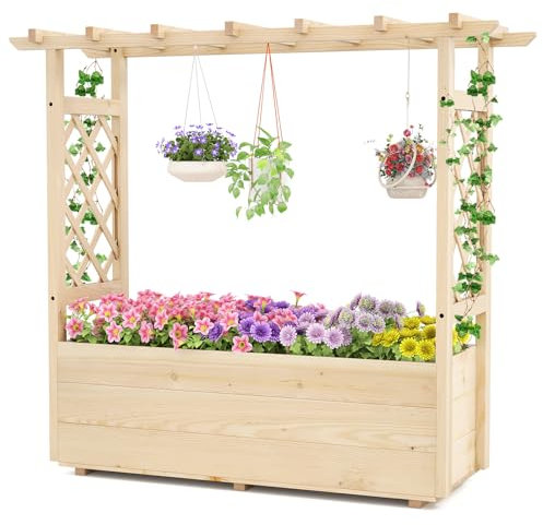 GOPLUS Jardinera Elevada de Madera Maciza con Enrejado y Techo Colgante, Huerto con Orificios de Drenaje para Enredaderas Verdura Fruta Hierbas Flores, Cama de Jardín Exterior Interior (115x40x103cm)
