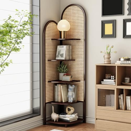 Dexinhdh 5-stöckiges Eckregal Aus Rattan, Mehrstöckiger Eck-Organizer Für Das Wohnzimmer, Bambus Kombiniert Mit Rattan, Großzügige Arbeitsfläche, Passt In Enge Räume(B)