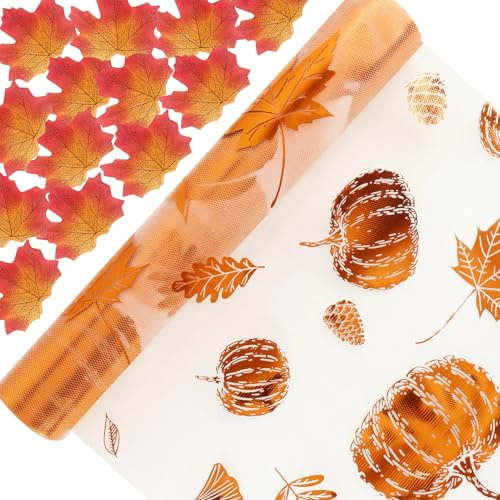 Tischdeko Herbst,Ahornblätter Herbst Tischläufer mit 50 x Ahornblatt Streudeko,Herbstlicher Läufer,Ahornblatt Läufer,für Drinnen und Draußen Herbstfeste Wohnkultur(5m x 28cm)