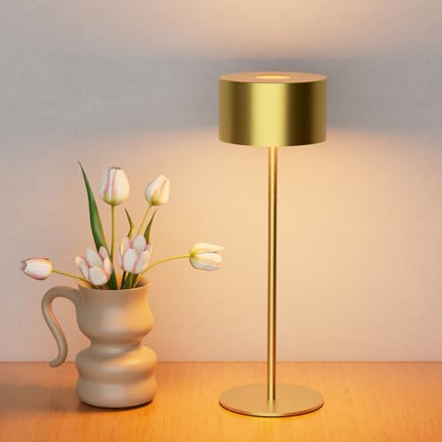 Zexwixs Kabellose Tischlampe Akku Dimmbar, Gold Kleine Tischlampe Vollmetall 3 Farbtemperatur, Nachttischlampe Kabellos USB-C, IP54, H25cm,für Outdoor Nachttisch Esstisch Schreibtisch