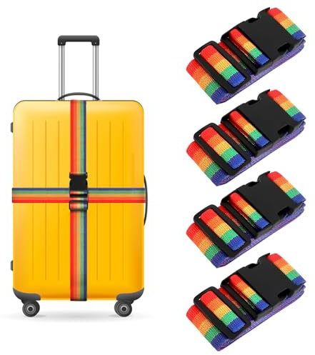 4 Stück Koffergurt Kofferband Set, Einstellbare Kofferband mit 4 Stück Kofferanhänger Koffer Gepäckgurte mit Feste Schnalle & Namensschild verstellbare Koffergurte (Regenbogenfarben)