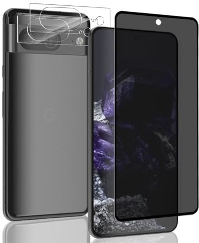 Zhiihorr Protector Pantalla Privacidad para Google Pixel 8 Cristal Templado, 9H/Anti Espía [1 Pieza Privacy Vidrio Templado + 2 Piezas Protector Cámara] - Película Protectora para Google Pixel 8