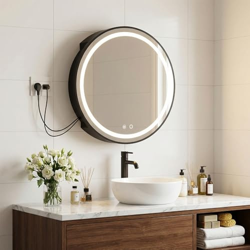 ChromaCasa Spiegelschrank Bad mit Beleuchtung, 3 Farbtemperatur Dimmbare Badezimmer Spiegelschrank mit Touch-Sensor und Entfogging, 2 AC + 2 USB Steckdose Modern Schwarz, Bereits Montiert 50cm