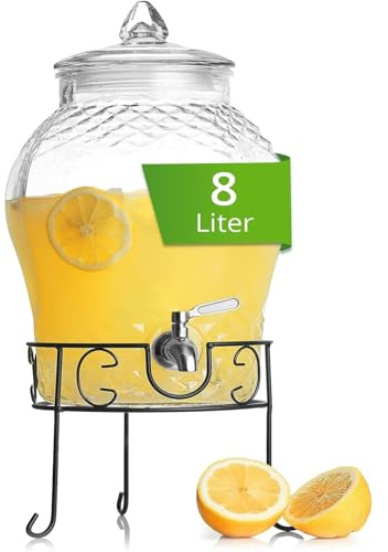Astor24 Glaskaraffe - 8 Liter Getränkespender aus Glas mit Edelstahl-Zapfhahn – perfekt für Veranstaltungen im Freien und drinnen, festliche Partygetränke, Getränkespender und Limonadenkrug