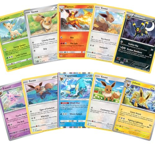 Pokémon Karten Set Englisch - 10 Karten nur Evoli/Eevee und Entwicklungen - Zufällig zusammengestellt - Original Pokémon Sammelkarten – Keine Duplikate