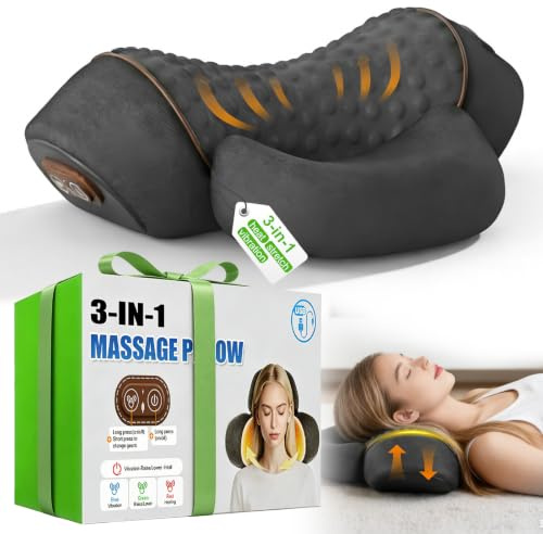 3-in-1 Nackenmassagegerät mit Wärme, Vibrations & Traktionsfunktion, 2026 Upgrade Elektrisch Massagegerät Nackenmassagekissen, Entspannungskissen für Nacken für Zuhause, Büro und Reisen (Dunkelgrau)