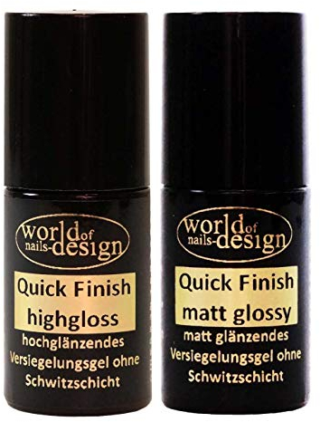 World of Nails-Design LED/UV Quick Finish hochglanz und matt, hochglänzendes und mattes Versiegelungsgel ohne Schwitzschicht in der Pinselflasche 2 x 6ml