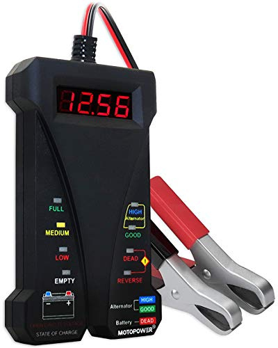 MOTOPOWER MP0514A 12V Digital Car Battery Tester Voltmeter and Charging System Analyzer with LCD Display and LED Indication - Black Rubber Paint