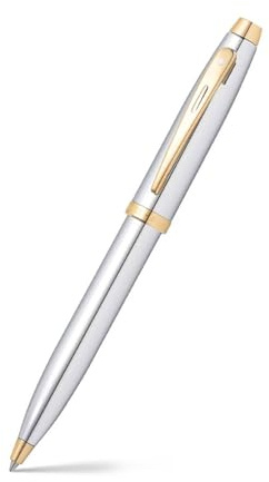 Sheaffer 100 Refillable Twist-Action Metal Ballpoint Pen with Polished Gold Appointments, Medium Ballpoint, includes Premium Gift Box and Black Cartridge, 1 Pack, Chrome/Gold