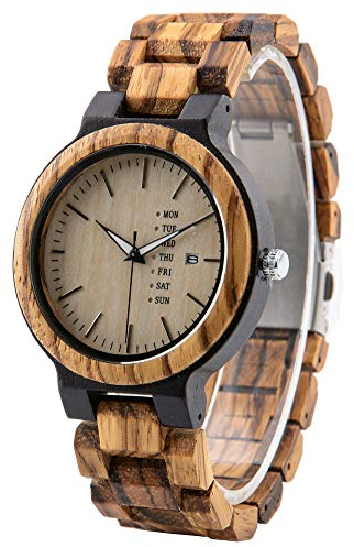 LMWOOD Herrenuhr Lässige Holzuhr Gravierte, Zebra- und Ebenholzuhr Wochen- und Datumsanzeige, Jubiläumsgeschenk für Ehemann